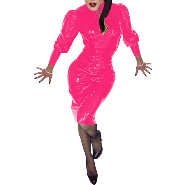 Women Long Sleeve Shiny Bodycon Knee-length Dress Sexy Wetlook PVC Leather Party Club Evening Dress Fashion Candy Color Vestidos