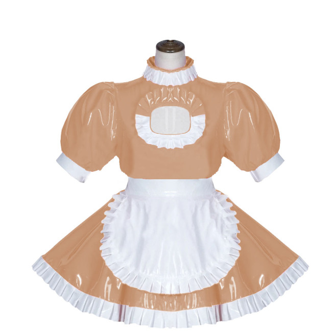 Sexy Maid Dress Shiny PVC Clubwear Turtleneck Short Sleeve Ruffled A-Line Dress with Apron Lockable Back Zipper Cosplay Outfit
