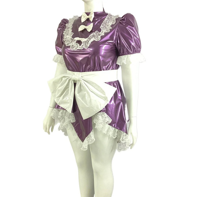 Men Sissy French Maid Uniform Short Puff Sleeve Fancy Flare Dress Cosplay Costume PVC Frilly Crossdrssing Dress with Bow Apron