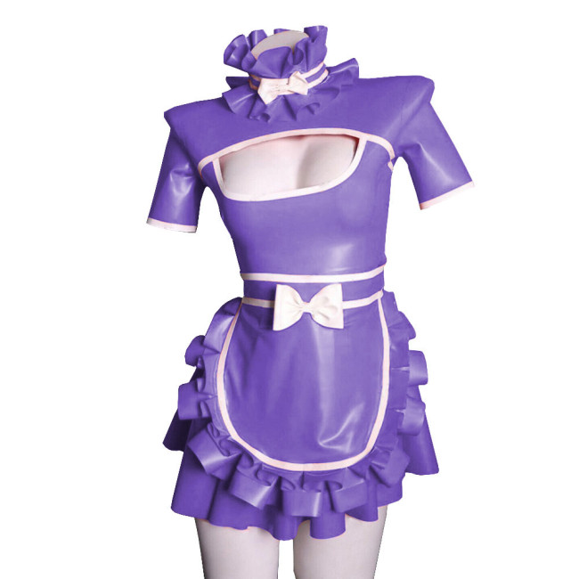 Exotic Sexy Lolita Cosplay Maid Dress Uniforms Hollow Deep U Neck Short Sleeves Ruffled Hem Dress PVC Wetlook  A-line with Apron