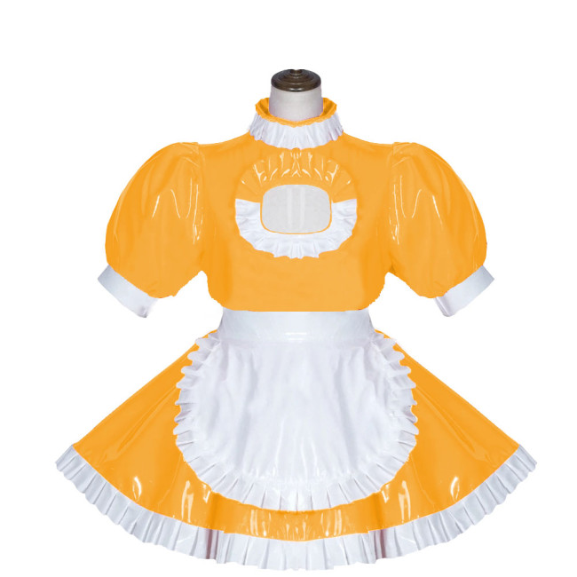 Sexy Maid Dress Shiny PVC Clubwear Turtleneck Short Sleeve Ruffled A-Line Dress with Apron Lockable Back Zipper Cosplay Outfit