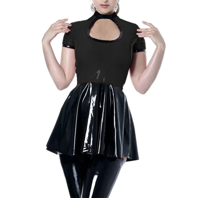 Party Sexy Hollow Short Dress Womens Shiny PVC Leather Short Sleeve Mini Dress Female Wetlook High Waist Patchwork A-line Dress