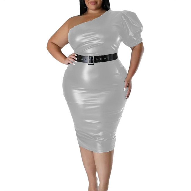 Women One Shoulder Skew Neck Bodycon Midi Dress Matte PU Leather Puff Short Sleeve Skinny Party Dress Eleagnt Evenging Dresses