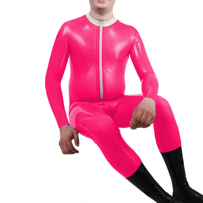 Mens Mock Neck Jumpsuit Sexy Front Zipper Adult Vinyl PVC Leather Jumpsuit Nightclub Long Sleeve Male Catsuit Fetish Costume 7XL