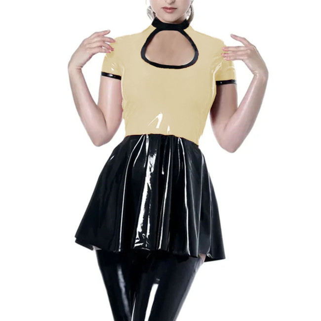 Party Sexy Hollow Short Dress Womens Shiny PVC Leather Short Sleeve Mini Dress Female Wetlook High Waist Patchwork A-line Dress