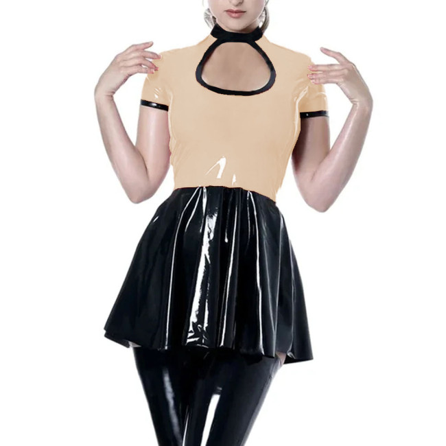 Party Sexy Hollow Short Dress Womens Shiny PVC Leather Short Sleeve Mini Dress Female Wetlook High Waist Patchwork A-line Dress