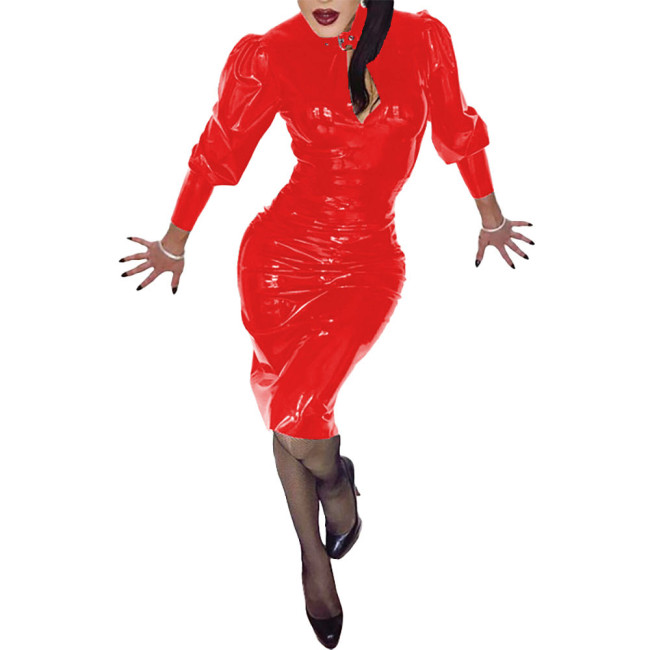Women Long Sleeve Shiny Bodycon Knee-length Dress Sexy Wetlook PVC Leather Party Club Evening Dress Fashion Candy Color Vestidos