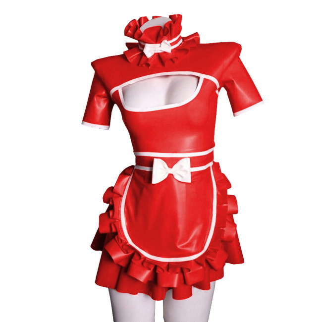 Exotic Sexy Lolita Cosplay Maid Dress Uniforms Hollow Deep U Neck Short Sleeves Ruffled Hem Dress PVC Wetlook A-line with Apron