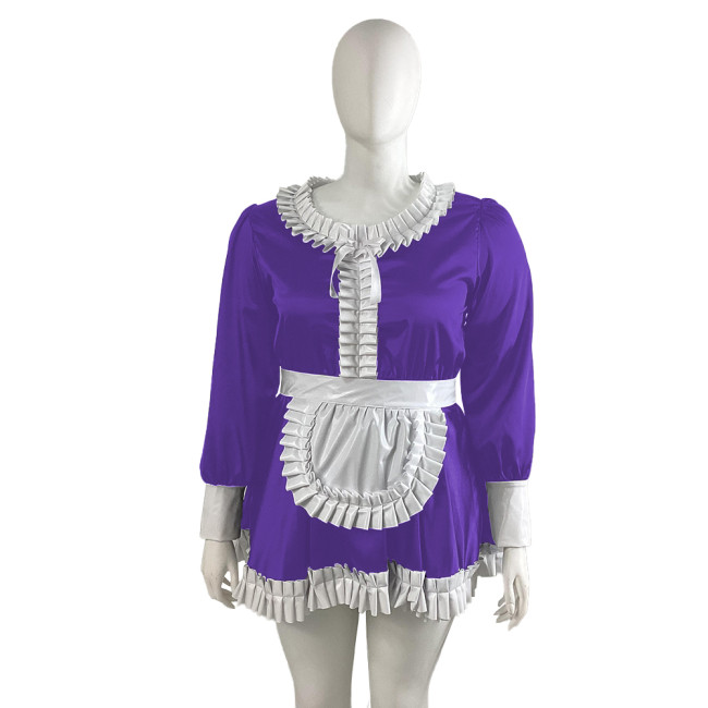Plus Size Satin Ruffles Collar Mini Maid Dress with Apron Sissy Long Sleeve A-line French Maid Unforms Halloween Cosplay Outfits