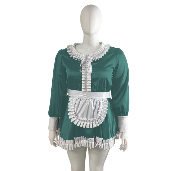 Plus Size Satin Ruffles Collar Mini Maid Dress with Apron Sissy Long Sleeve A-line French Maid Unforms Halloween Cosplay Outfits