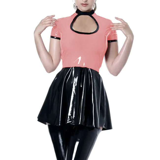 Party Sexy Hollow Short Dress Womens Shiny PVC Leather Short Sleeve Mini Dress Female Wetlook High Waist Patchwork A-line Dress