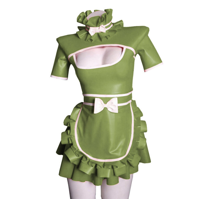 Exotic Sexy Lolita Cosplay Maid Dress Uniforms Hollow Deep U Neck Short Sleeves Ruffled Hem Dress PVC Wetlook  A-line with Apron