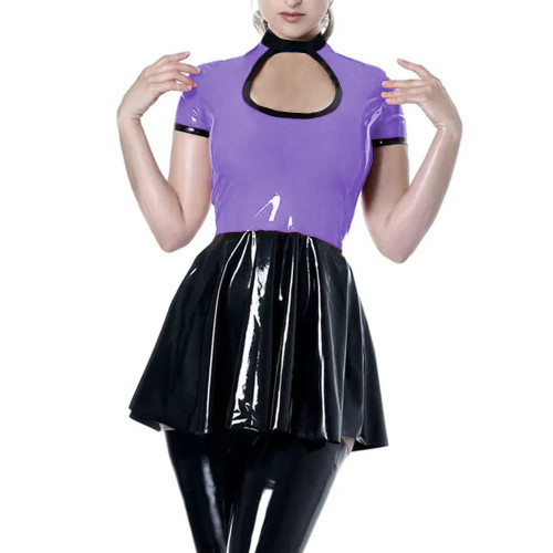 Party Sexy Hollow Short Dress Womens Shiny PVC Leather Short Sleeve Mini Dress Female Wetlook High Waist Patchwork A-line Dress