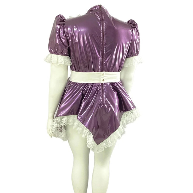 Men Sissy French Maid Uniform Short Puff Sleeve Fancy Flare Dress Cosplay Costume PVC Frilly Crossdrssing Dress with Bow Apron