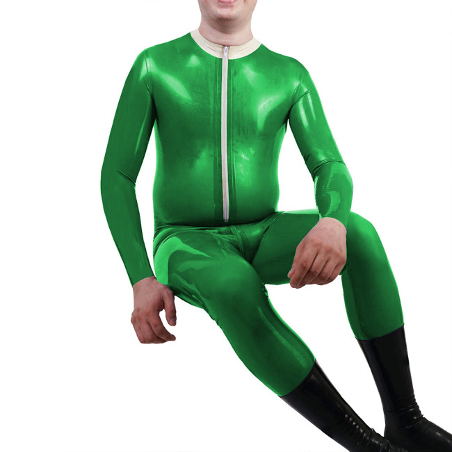 Mens Mock Neck Jumpsuit Sexy Front Zipper Adult Vinyl PVC Leather Jumpsuit Nightclub Long Sleeve Male Catsuit Fetish Costume 7XL