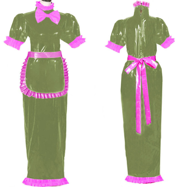 French Lockable Maid Cosplay Costume Short Sleeve Bow Decoration Dress High Neck Back Zipper PVC Wetlook Clubwear with Apron