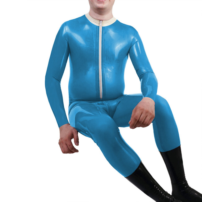 Mens Mock Neck Jumpsuit Sexy Front Zipper Adult Vinyl PVC Leather Jumpsuit Nightclub Long Sleeve Male Catsuit Fetish Costume 7XL