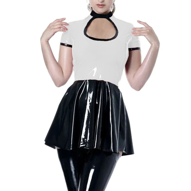 Party Sexy Hollow Short Dress Womens Shiny PVC Leather Short Sleeve Mini Dress Female Wetlook High Waist Patchwork A-line Dress