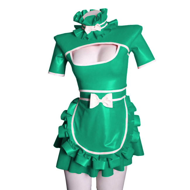 Exotic Sexy Lolita Cosplay Maid Dress Uniforms Hollow Deep U Neck Short Sleeves Ruffled Hem Dress PVC Wetlook  A-line with Apron