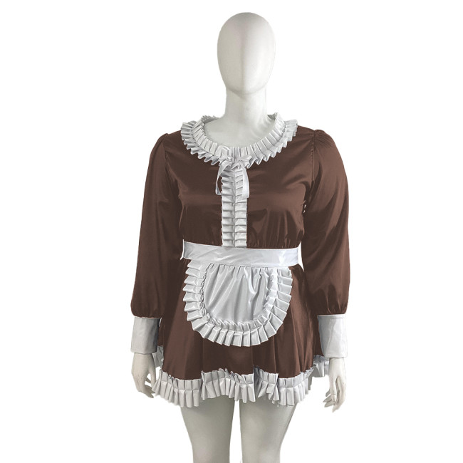 Plus Size Satin Ruffles Collar Mini Maid Dress with Apron Sissy Long Sleeve A-line French Maid Unforms Halloween Cosplay Outfits