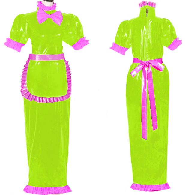French Lockable Maid Cosplay Costume Short Sleeve Bow Decoration Dress High Neck Back Zipper PVC Wetlook Clubwear with Apron