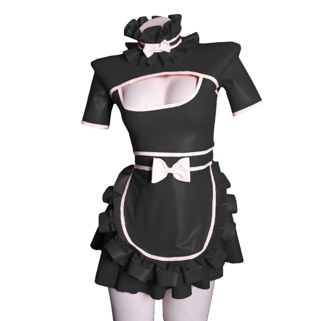 Exotic Sexy Lolita Cosplay Maid Dress Uniforms Hollow Deep U Neck Short Sleeves Ruffled Hem Dress PVC Wetlook  A-line with Apron