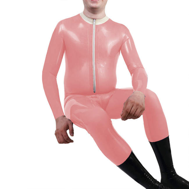 Mens Mock Neck Jumpsuit Sexy Front Zipper Adult Vinyl PVC Leather Jumpsuit Nightclub Long Sleeve Male Catsuit Fetish Costume 7XL