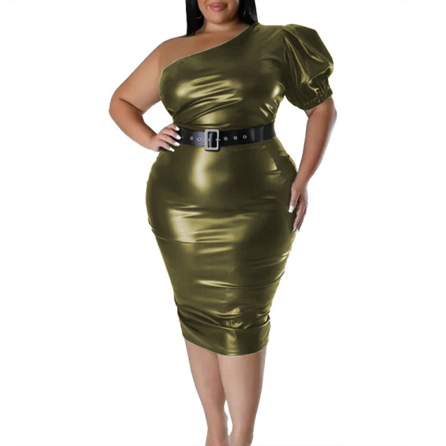 Women One Shoulder Skew Neck Bodycon Midi Dress Matte PU Leather Puff Short Sleeve Skinny Party Dress Eleagnt Evenging Dresses