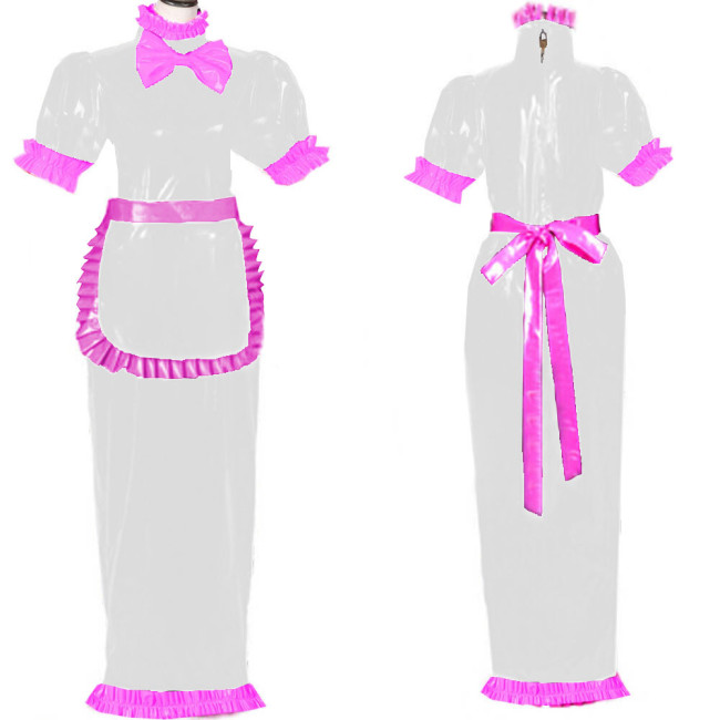French Lockable Maid Cosplay Costume Short Sleeve Bow Decoration Dress High Neck Back Zipper PVC Wetlook Clubwear with Apron