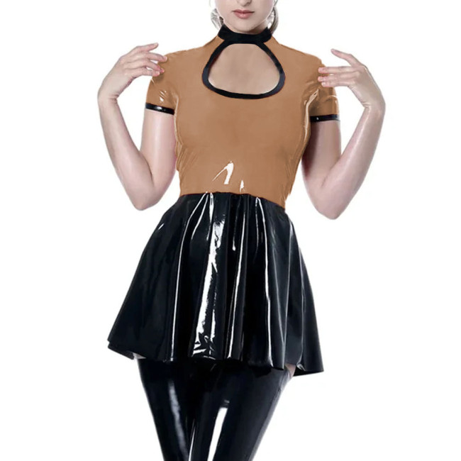 Party Sexy Hollow Short Dress Womens Shiny PVC Leather Short Sleeve Mini Dress Female Wetlook High Waist Patchwork A-line Dress