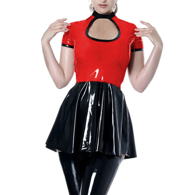 Party Sexy Hollow Short Dress Womens Shiny PVC Leather Short Sleeve Mini Dress Female Wetlook High Waist Patchwork A-line Dress