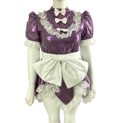 Men Sissy French Maid Uniform Short Puff Sleeve Fancy Flare Dress Cosplay Costume PVC Frilly Crossdrssing Dress with Bow Apron