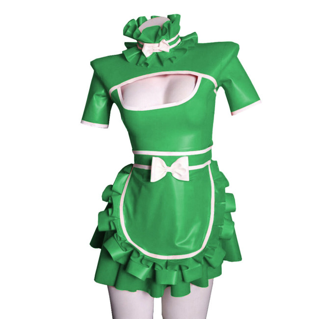 Exotic Sexy Lolita Cosplay Maid Dress Uniforms Hollow Deep U Neck Short Sleeves Ruffled Hem Dress PVC Wetlook  A-line with Apron