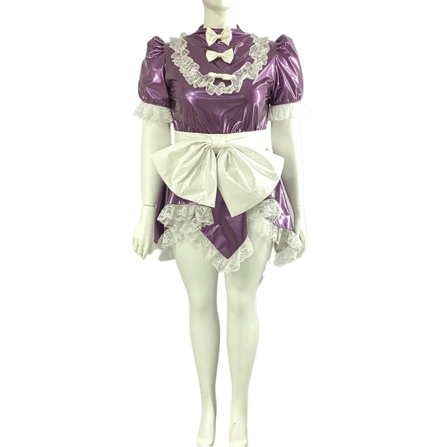 Men Sissy French Maid Uniform Short Puff Sleeve Fancy Flare Dress Cosplay Costume PVC Frilly Crossdrssing Dress with Bow Apron
