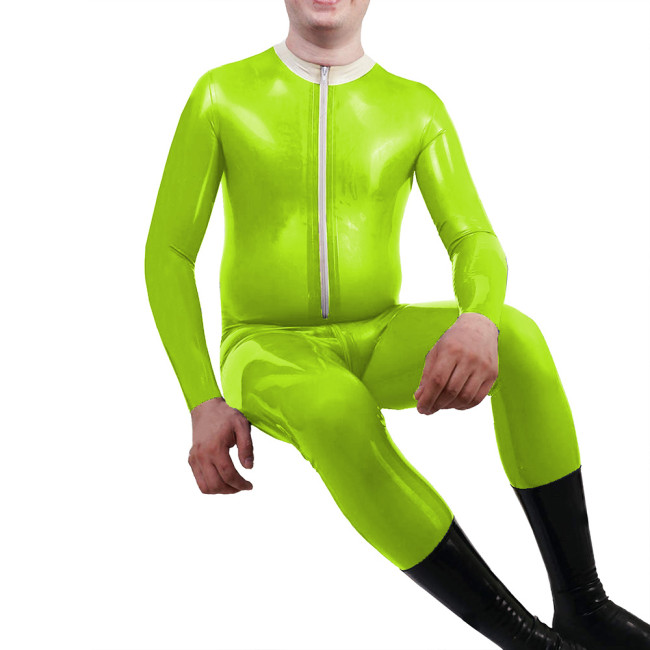 Mens Mock Neck Jumpsuit Sexy Front Zipper Adult Vinyl PVC Leather Jumpsuit Nightclub Long Sleeve Male Catsuit Fetish Costume 7XL