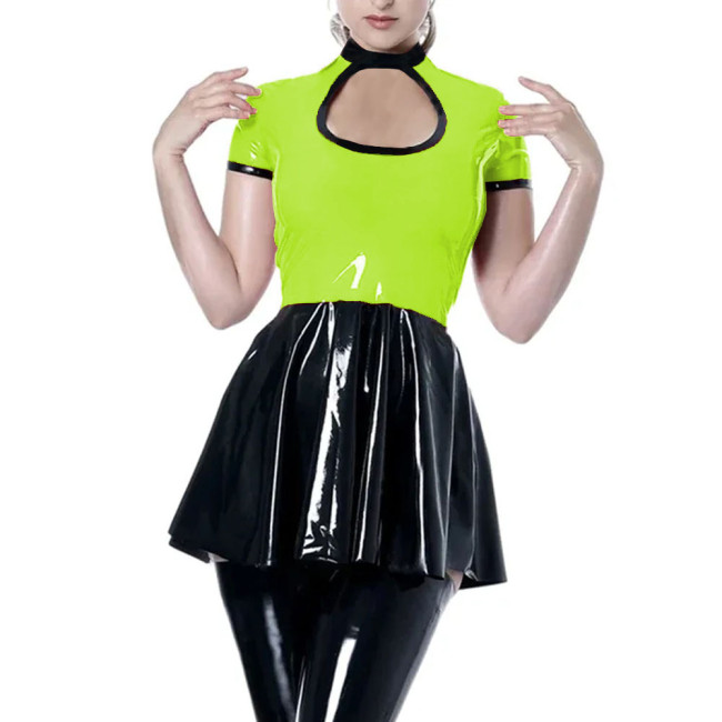 Party Sexy Hollow Short Dress Womens Shiny PVC Leather Short Sleeve Mini Dress Female Wetlook High Waist Patchwork A-line Dress