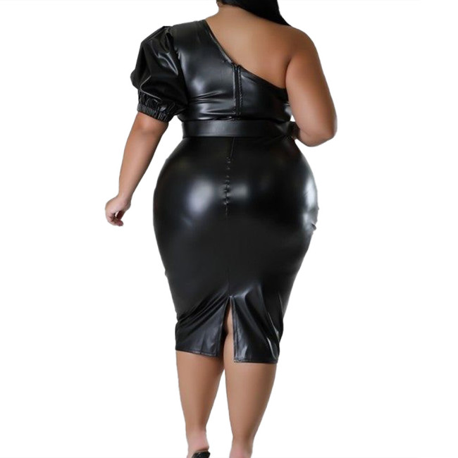 Women One Shoulder Skew Neck Bodycon Midi Dress Matte PU Leather Puff Short Sleeve Skinny Party Dress Eleagnt Evenging Dresses