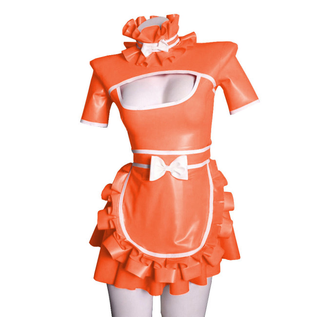 Exotic Sexy Lolita Cosplay Maid Dress Uniforms Hollow Deep U Neck Short Sleeves Ruffled Hem Dress PVC Wetlook  A-line with Apron