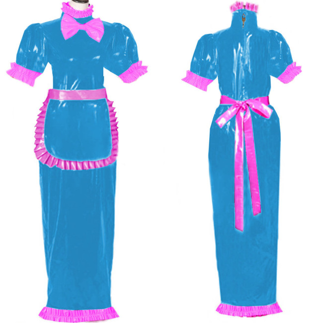 French Lockable Maid Cosplay Costume Short Sleeve Bow Decoration Dress High Neck Back Zipper PVC Wetlook Clubwear with Apron