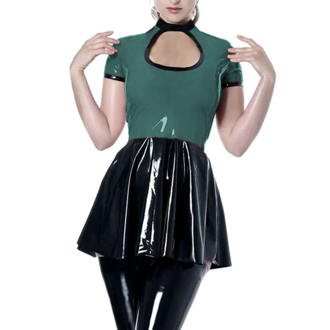 Party Sexy Hollow Short Dress Womens Shiny PVC Leather Short Sleeve Mini Dress Female Wetlook High Waist Patchwork A-line Dress