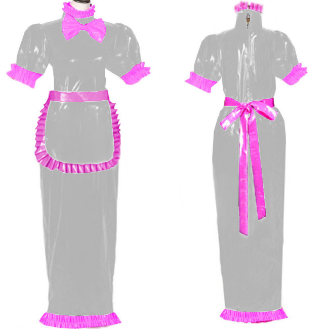 French Lockable Maid Cosplay Costume Short Sleeve Bow Decoration Dress High Neck Back Zipper PVC Wetlook Clubwear with Apron