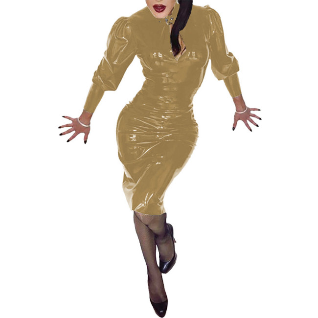 Women Long Sleeve Shiny Bodycon Knee-length Dress Sexy Wetlook PVC Leather Party Club Evening Dress Fashion Candy Color Vestidos