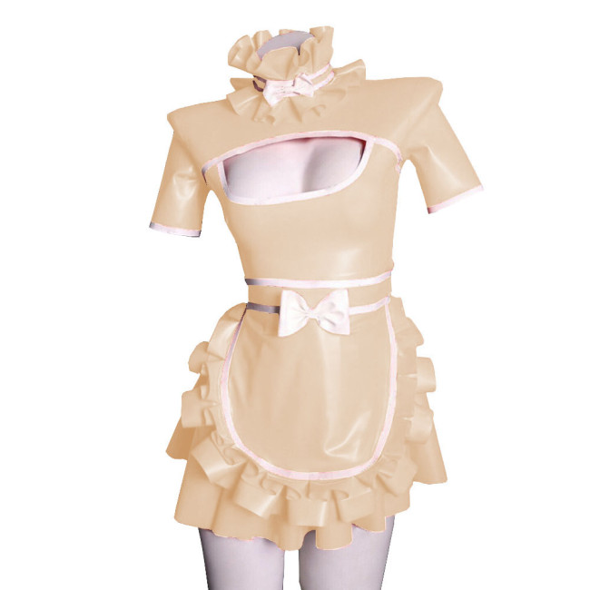 Exotic Sexy Lolita Cosplay Maid Dress Uniforms Hollow Deep U Neck Short Sleeves Ruffled Hem Dress PVC Wetlook  A-line with Apron