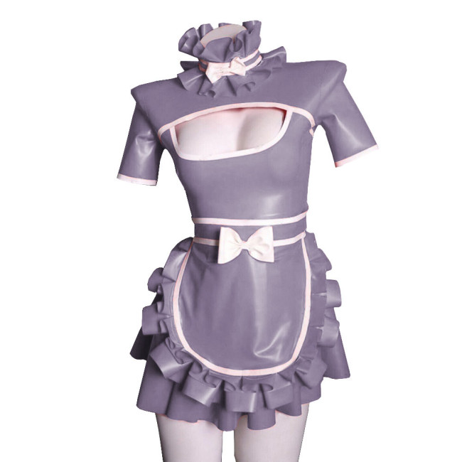 Exotic Sexy Lolita Cosplay Maid Dress Uniforms Hollow Deep U Neck Short Sleeves Ruffled Hem Dress PVC Wetlook  A-line with Apron