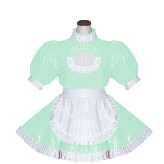 Sexy Maid Dress Shiny PVC Clubwear Turtleneck Short Sleeve Ruffled A-Line Dress with Apron Lockable Back Zipper Cosplay Outfit