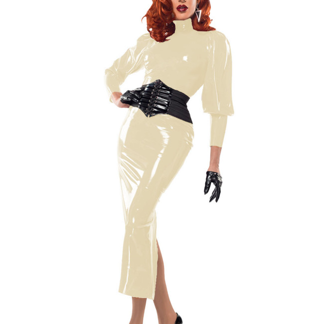 Women High Street Back Zipper Split Long Dress Wet-Look Sexy Wrap PVC Leather Turtleneck Dress Female Nightclub Bodycon Costume