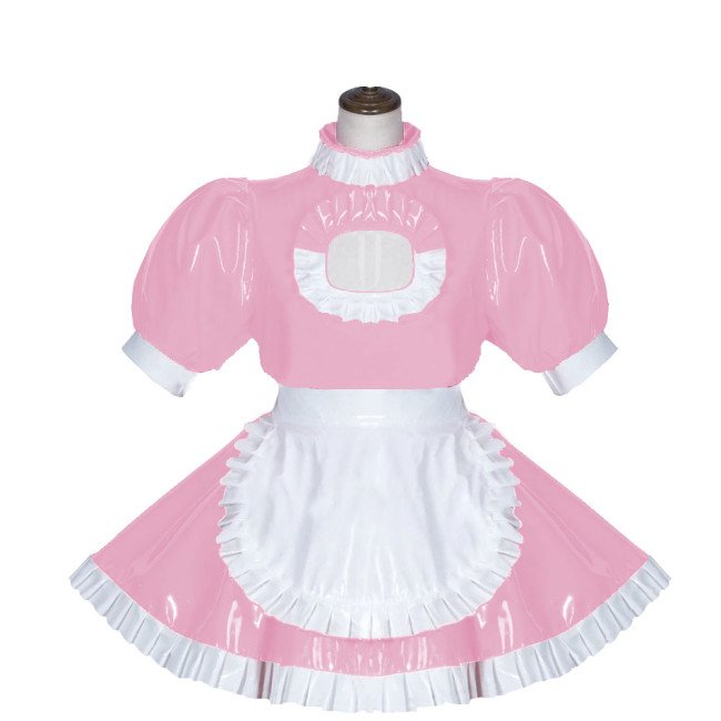 Sexy Maid Dress Shiny PVC Clubwear Turtleneck Short Sleeve Ruffled A-Line Dress with Apron Lockable Back Zipper Cosplay Outfit