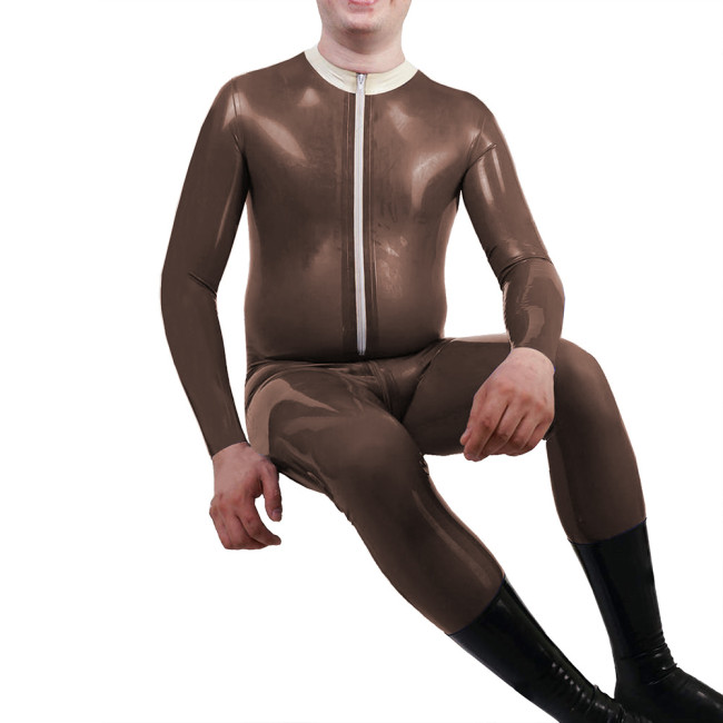 Mens Mock Neck Jumpsuit Sexy Front Zipper Adult Vinyl PVC Leather Jumpsuit Nightclub Long Sleeve Male Catsuit Fetish Costume 7XL