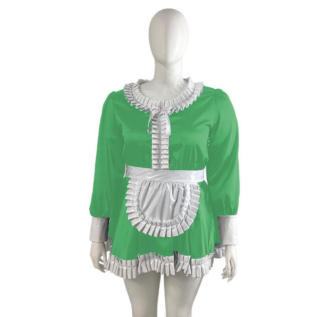 Plus Size Satin Ruffles Collar Mini Maid Dress with Apron Sissy Long Sleeve A-line French Maid Unforms Halloween Cosplay Outfits
