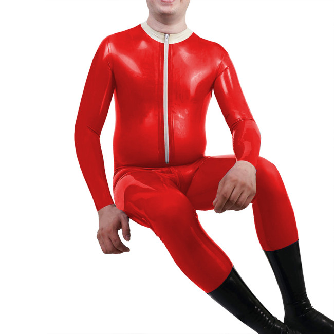Mens Mock Neck Jumpsuit Sexy Front Zipper Adult Vinyl PVC Leather Jumpsuit Nightclub Long Sleeve Male Catsuit Fetish Costume 7XL